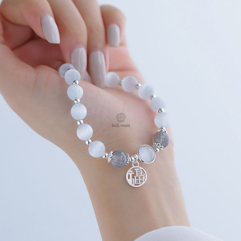Luck Muse Cat's Eye Moonstone Charm Bracelet - Fu Character Ball Support - Image 2