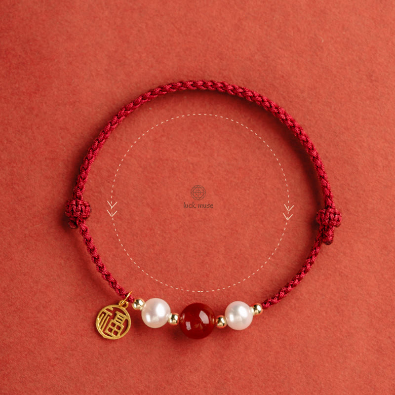 Luck Muse 925 Sterling Silver Fu Character Agate Pearl Red String Braid Bracelet - Image 17