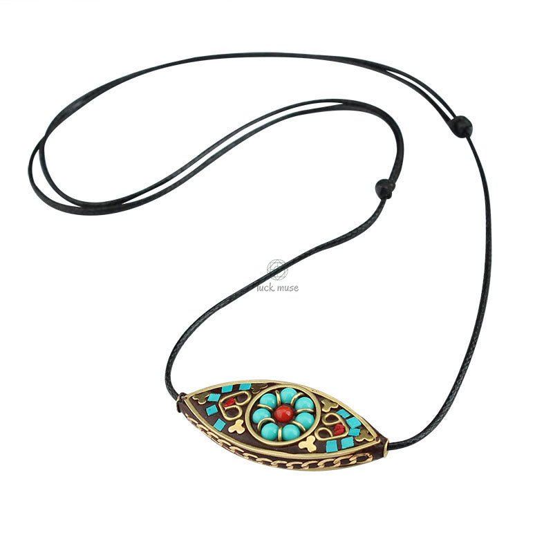 Tibet Turquoise Bead Necklace Pendant with Marquise Pattern for Protection and Strength - Image 12