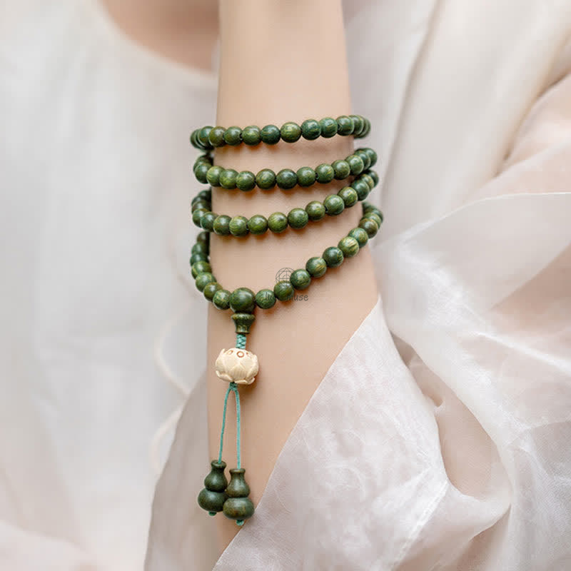 Luck Muse 108 Mala Beads Bracelet with Green Sandalwood Boxwood Lotus Design - Image 8