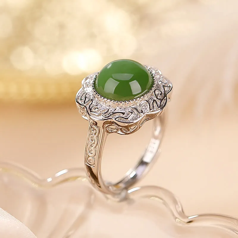 Luck Muse 925 Sterling Silver Hetian Cyan Jade Floral Luck Ring