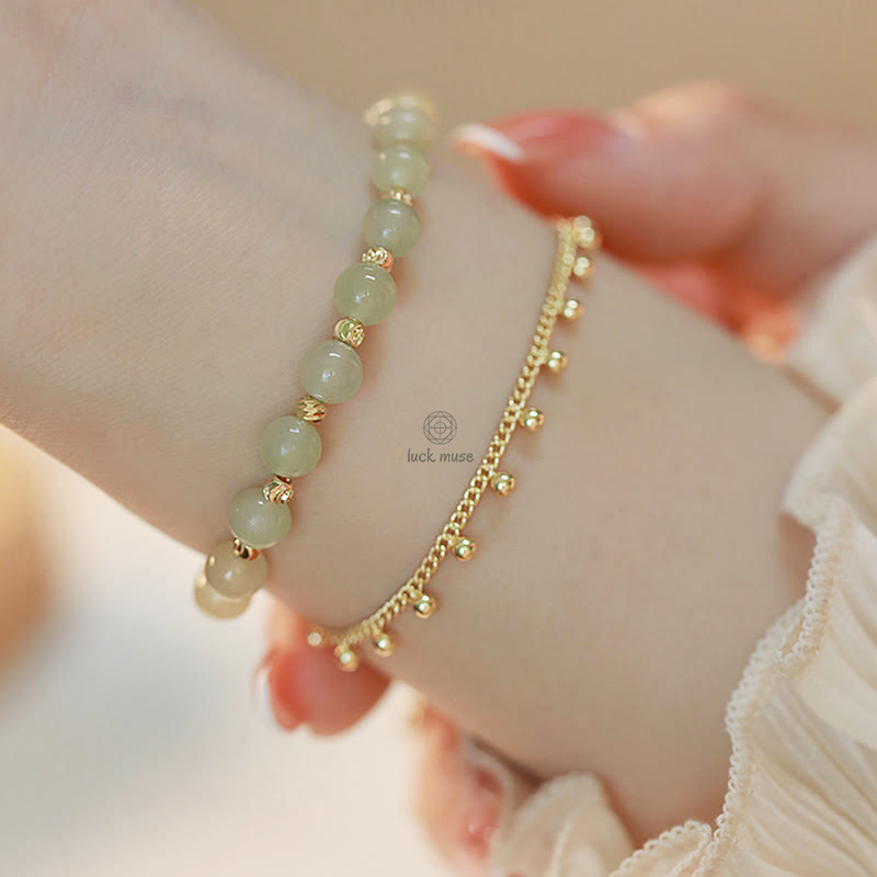Luck Muse Shop 14K Gold-Plated Double Layer Hetian Jade Bead Bracelet for Luck and Prosperity
