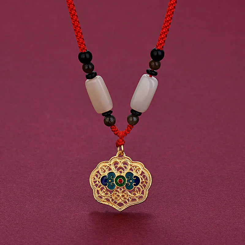 Vintage Auspicious Clouds Agate Copper Wealth Necklace Pendant with Luck Muse