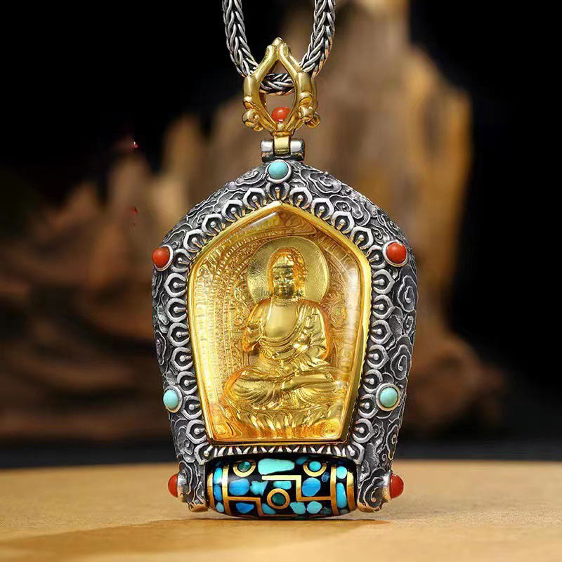 Chinese Zodiac Natal Buddha Thangka Prosperity Rotatable Dzi Bead Necklace Pendant from Luck Muse Shop