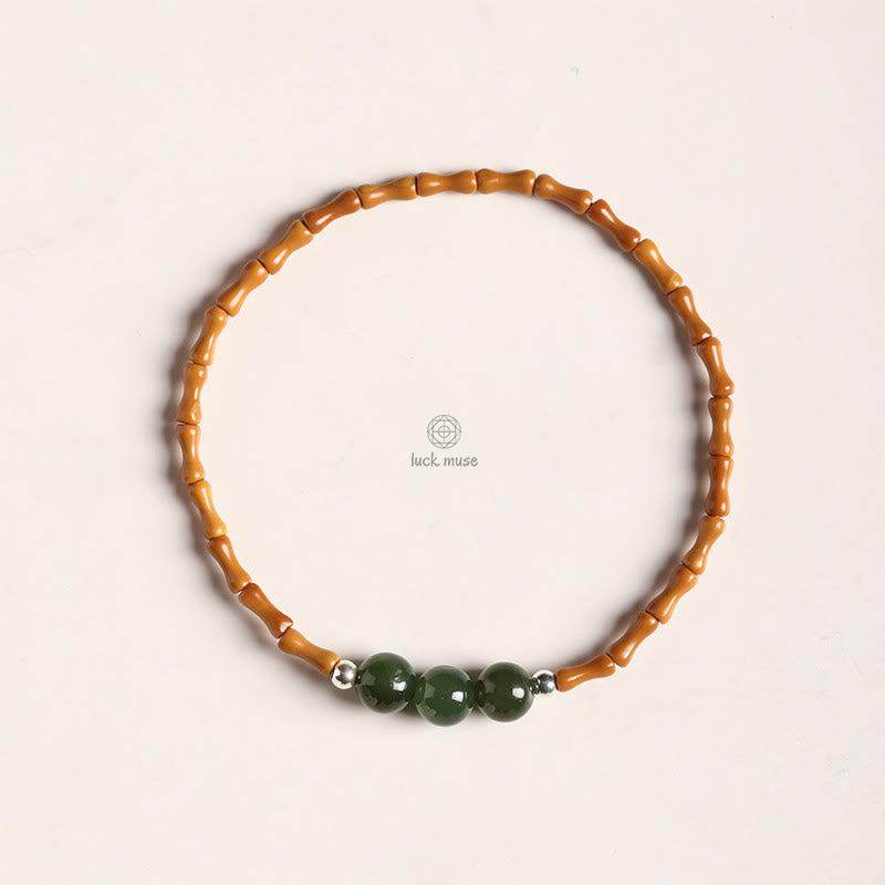 Bamboo Pattern Hetian Jade Beads Luck Bracelet with Luck Muse and Olive Pit - Natural - Image 9