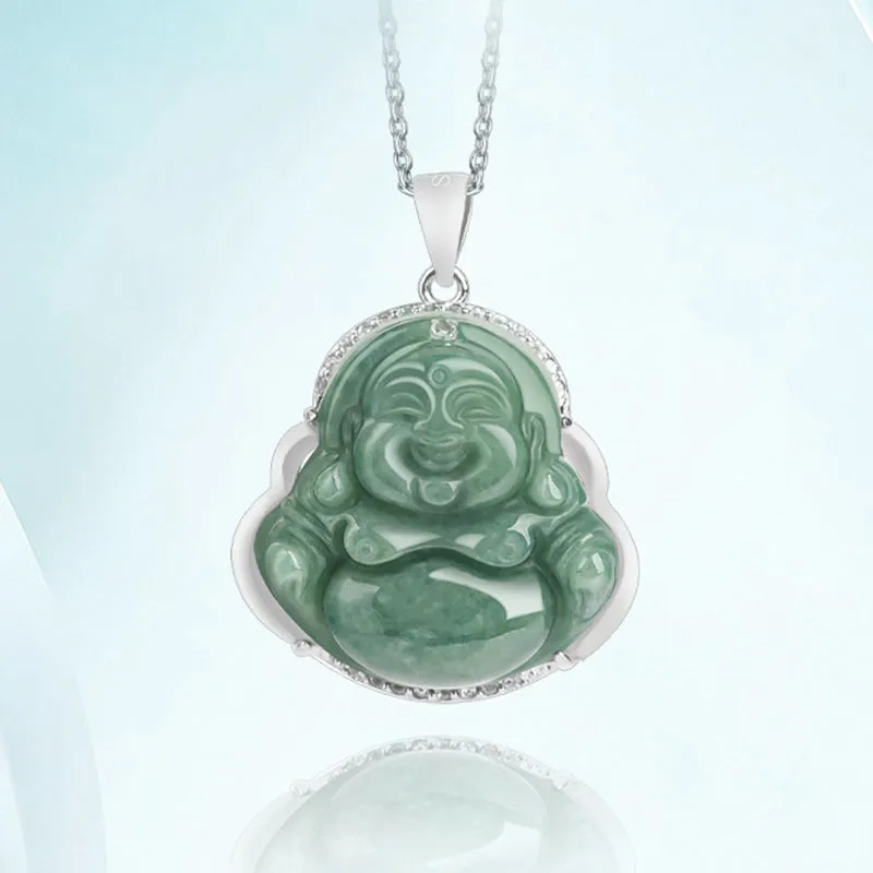 925 Sterling Silver Laughing Buddha Jade Abundance Necklace Pendant - Image 5
