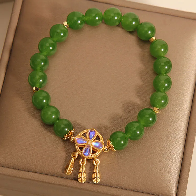 Natural Green Jade Dreamcatcher Four Leaf Clover Luck Bracelet crafted by Luck Muse Shop - Image 5
