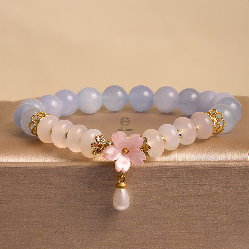 Aquamarine White Agate, Pearl and Abacus Beads Healing Bracelet with Luck Muse - Image 8