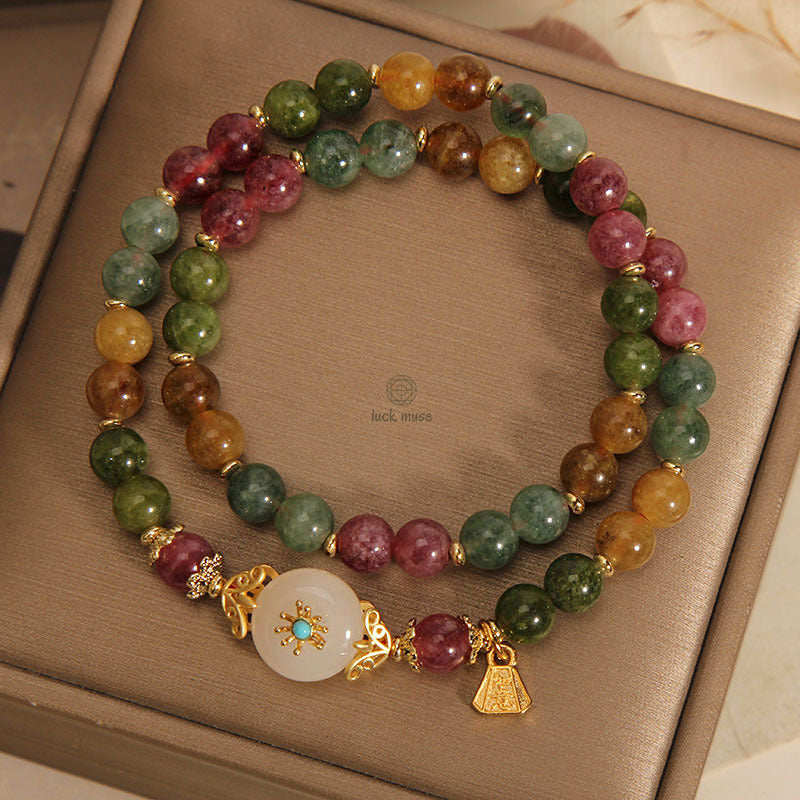 Natural Multicolored Tourmaline and Positive Jade Flower Double Wrap Bracelet - Image 6