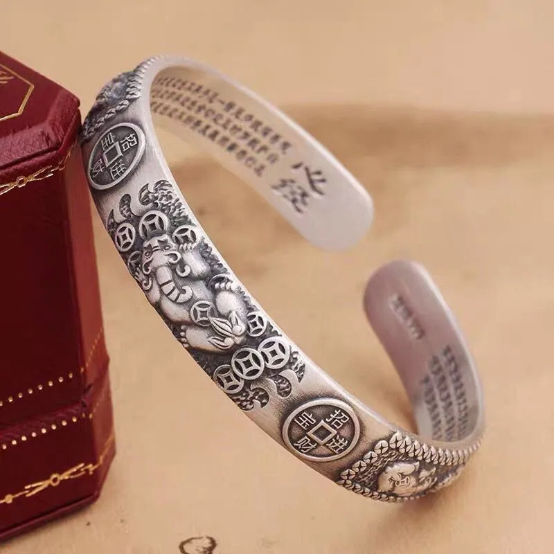 Tibetan PiXiu White Copper Wealth Bracelet with Heart Sutra Coin - Adjustable Bangle - Image 2