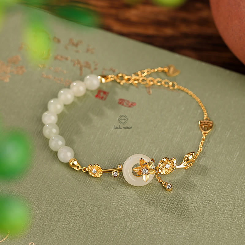 Luck Muse 925 Sterling Silver Hetian Jade Lotus Luck Chain Bracelet