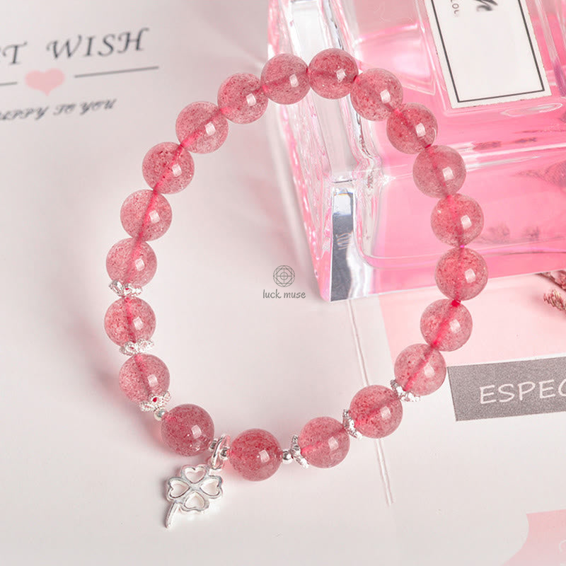 Luck Muse 925 Silver Strawberry Quartz Four Leaf Clover Love Bracelet - Image 6