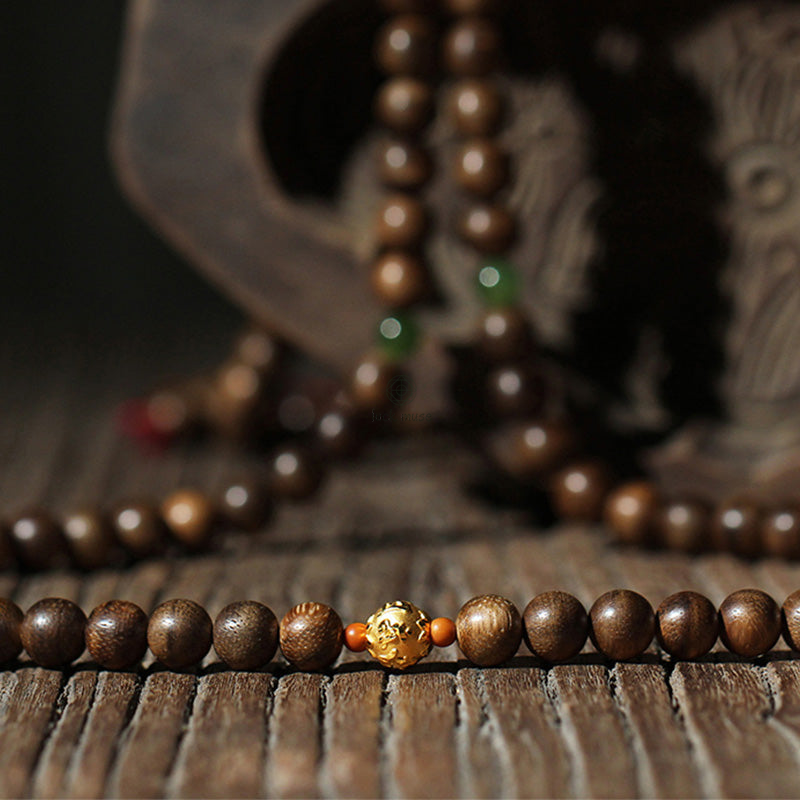 Luck Muse 999 Gold 108 Mala Beads Agarwood Cyan Jade Six Words Strength Bracelet - Image 14