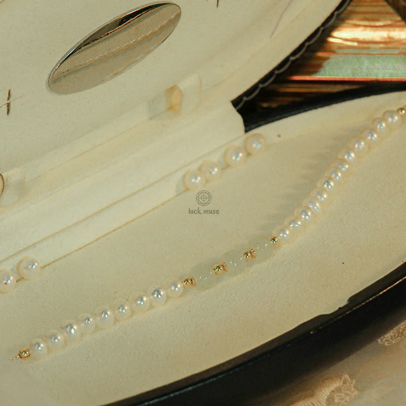 Luck Muse 14K Gold Plated Sincerity Bead Chain Bracelet with Natural Pearl, Hetian Cyan Jade, and White Jade - Image 29
