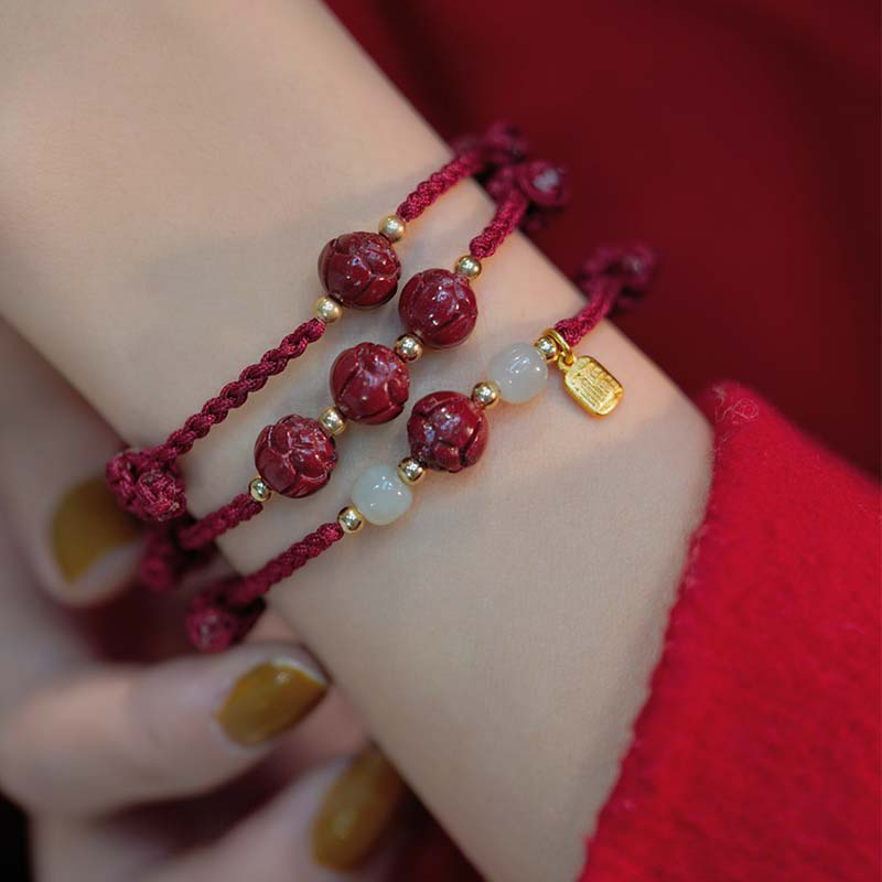 Cinnabar Jade Lotus Red String Bracelet - Image 2