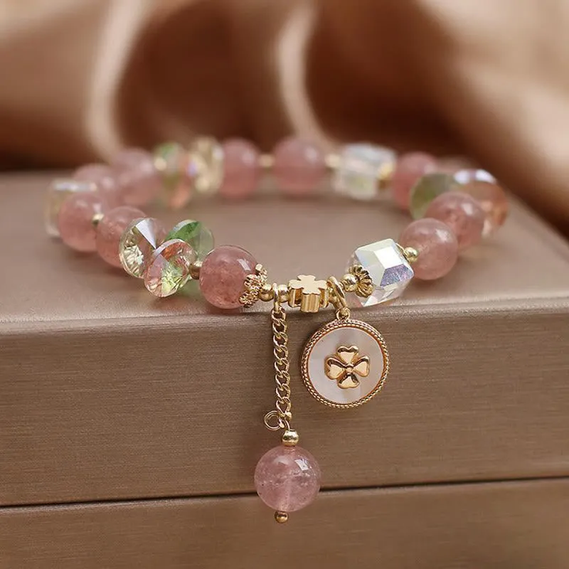 Luck Muse Strawberry Quartz Four Leaf Clover Bracelet with Healing Charm