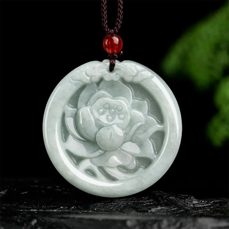 Natural Jade Lotus Flower Carved Necklace Pendant