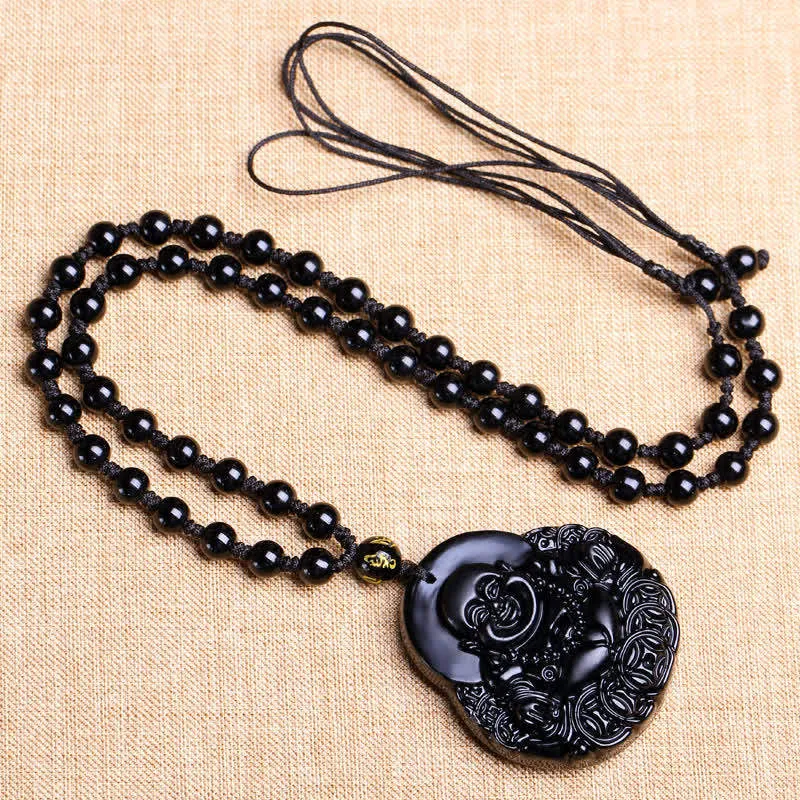 Laughing Buddha Black Obsidian Protection Pendant Necklace - Luck Muse Shop - Image 5