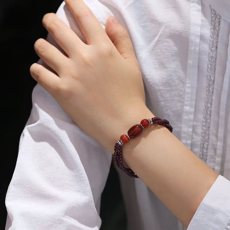 Natural Garnet and Red Agate Triple Layer Bracelet with Luck Muse Protection - Image 5