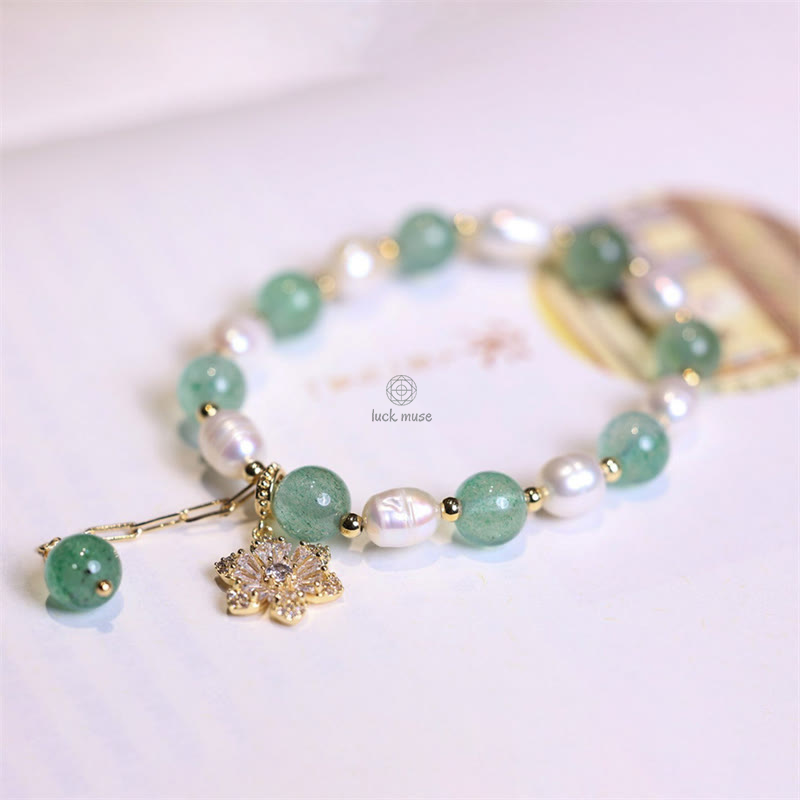 Natural Green Strawberry Quartz Pearl Flower Charm Bracelet - Image 7