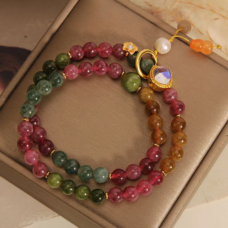 Positive Energy Multicolored Tourmaline Luck Muse Double Wrap Gourd Charm Bracelet - Image 5
