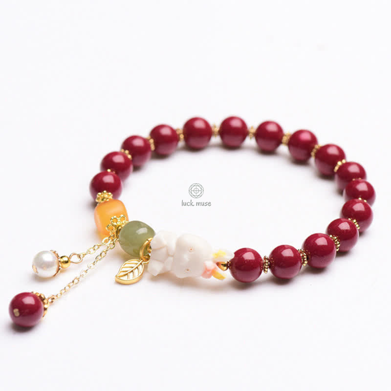 Year of the Rabbit Cinnabar Hetian Jade Bunny Beaded Bracelet with Blessings - Image 6