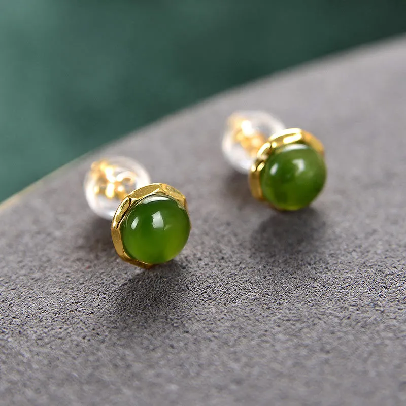 Luck Muse Gold-Plated Sterling Silver Hetian Cyan Jade Luck Stud Earrings - Image 2