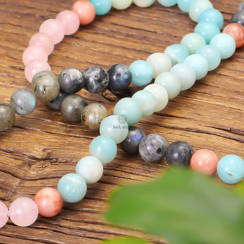 Amazonite and Black Glitter Stone 108 Mala Beads Bracelet with Positive Tassel Design - Image 21