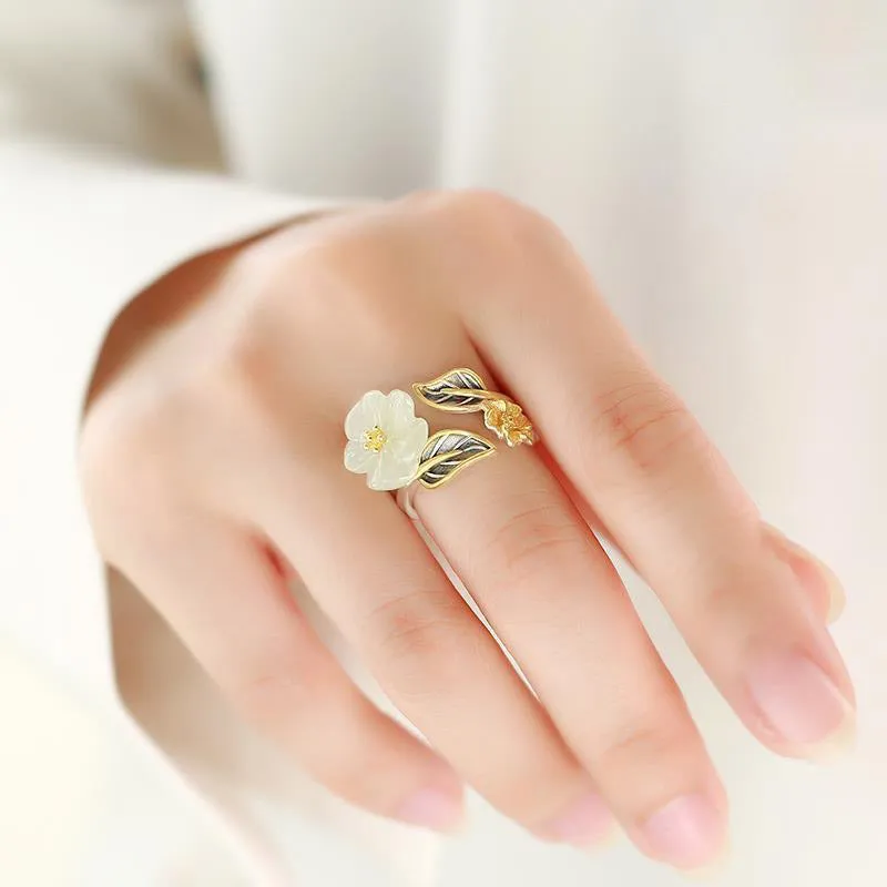Luck Muse 925 Sterling Silver White Jade Plum Flower Leaf Luck Ring - Image 3