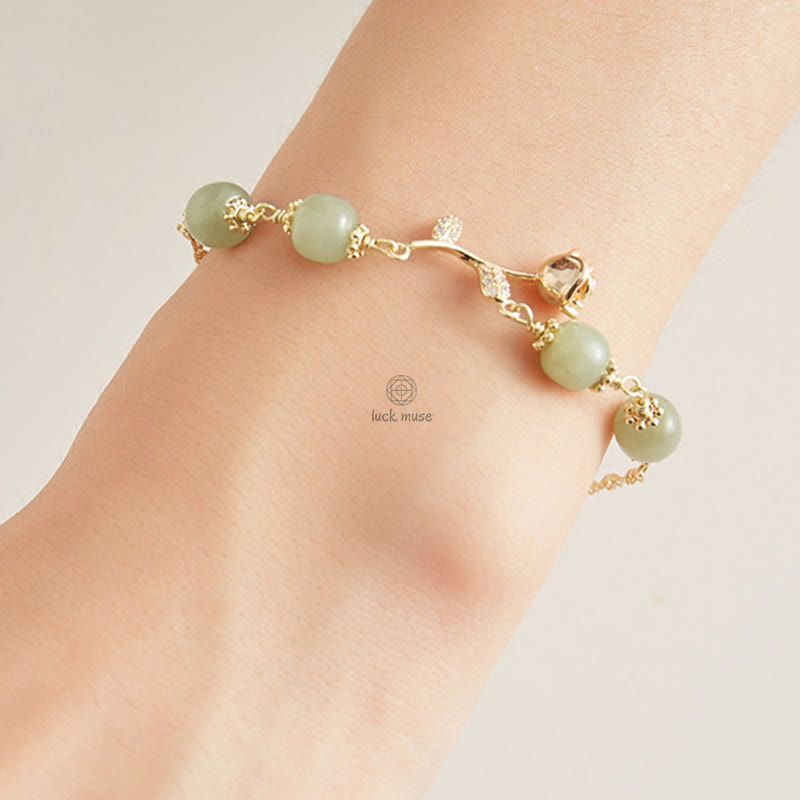 Luck Muse 14K Gold Plated Hetian Jade Rose Flower Luck Chain Bracelet - Image 11