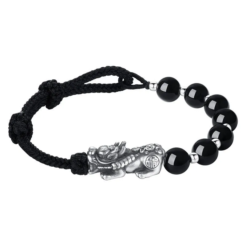 Luck Muse 999 Sterling Silver Feng Shui Pixiu Natural Black Obsidian Bracelet - Image 12