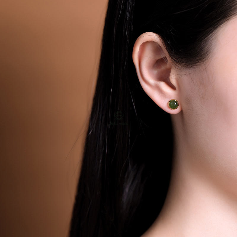 Luck Muse Gold-Plated Sterling Silver Hetian Cyan Jade Luck Stud Earrings - Image 6