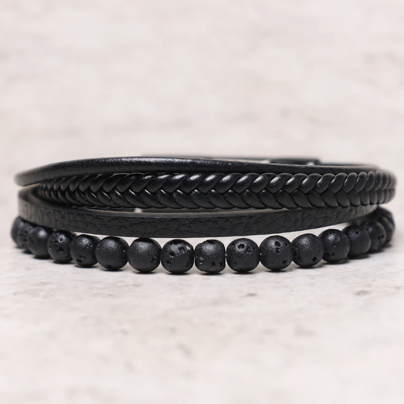 Natural Lava Rock Frosted Stone Bead Leather Bracelet with Black Onyx Accents - Image 2