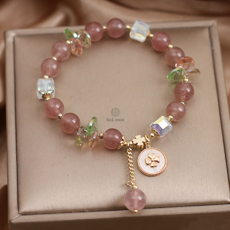 Luck Muse Strawberry Quartz Four Leaf Clover Bracelet with Healing Charm - Image 7
