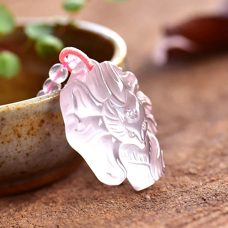 Natural Pink Crystal Nine Tailed Fox Love Necklace Pendant crafted with Luck Muse - Image 2