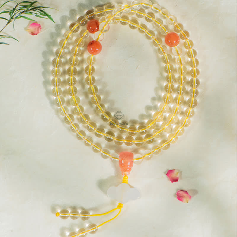 Luck Muse 108 Mala Beads Bracelet with 925 Sterling Silver, Natural Citrine, Red Agate, and White Jade Prosperity Charm - Image 10