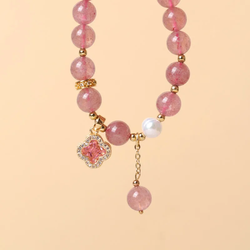 Luck Muse Strawberry Quartz and Pearl Four Leaf Clover Charm Bracelet for Healing - Image 3