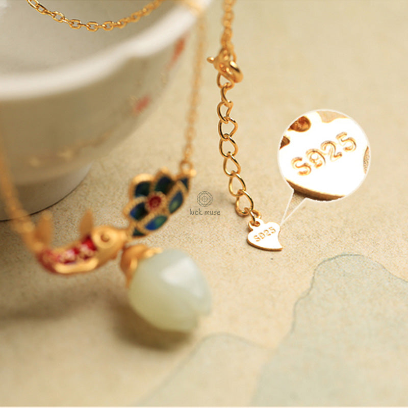 Luck Muse Shop 925 Sterling Silver White Jade Koi Fish Lotus Protection Necklace Pendant - Image 7