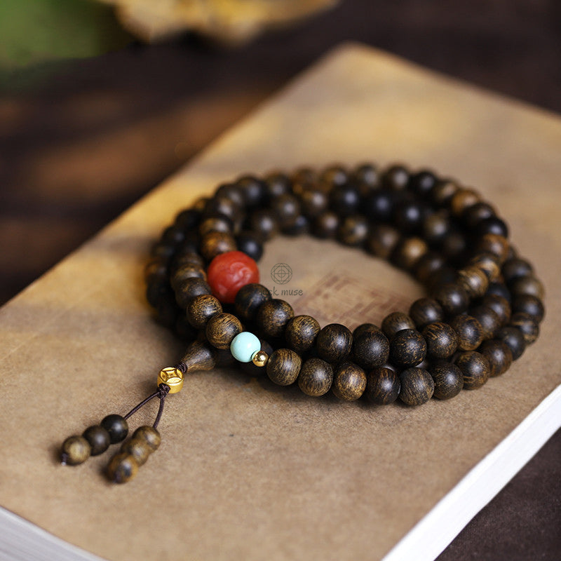Luck Muse 108 Mala Beads Peace Meditation Bracelet with Agarwood, Red Agate, and Turquoise - Image 8