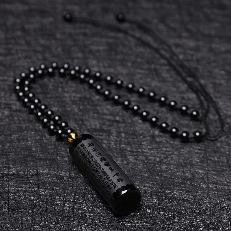 Natural Black Obsidian Luck Muse Heart Sutra Necklace Pendant - Image 8