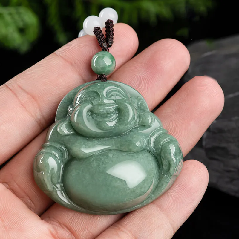 Laughing Buddha Cyan Jade Harmony Necklace with Beaded Pendant - Image 4