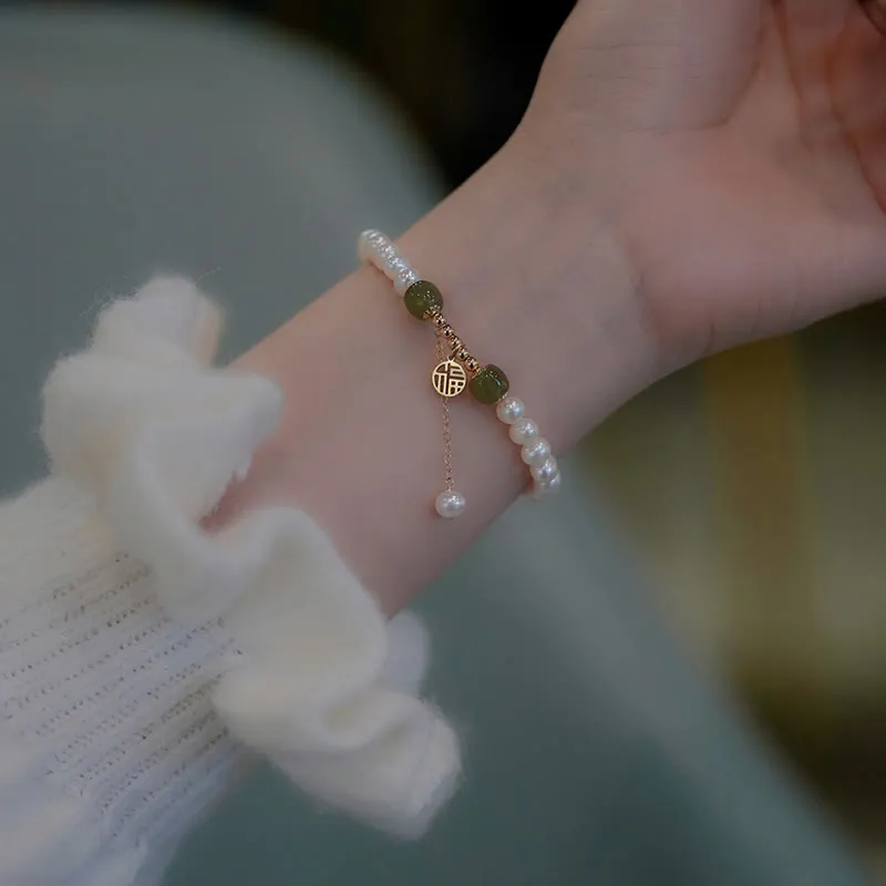 Natural Pearl Hetian Jade Happiness Wisdom Bracelet - Image 4