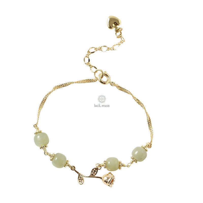 Luck Muse 14K Gold Plated Hetian Jade Rose Flower Luck Chain Bracelet - Image 12