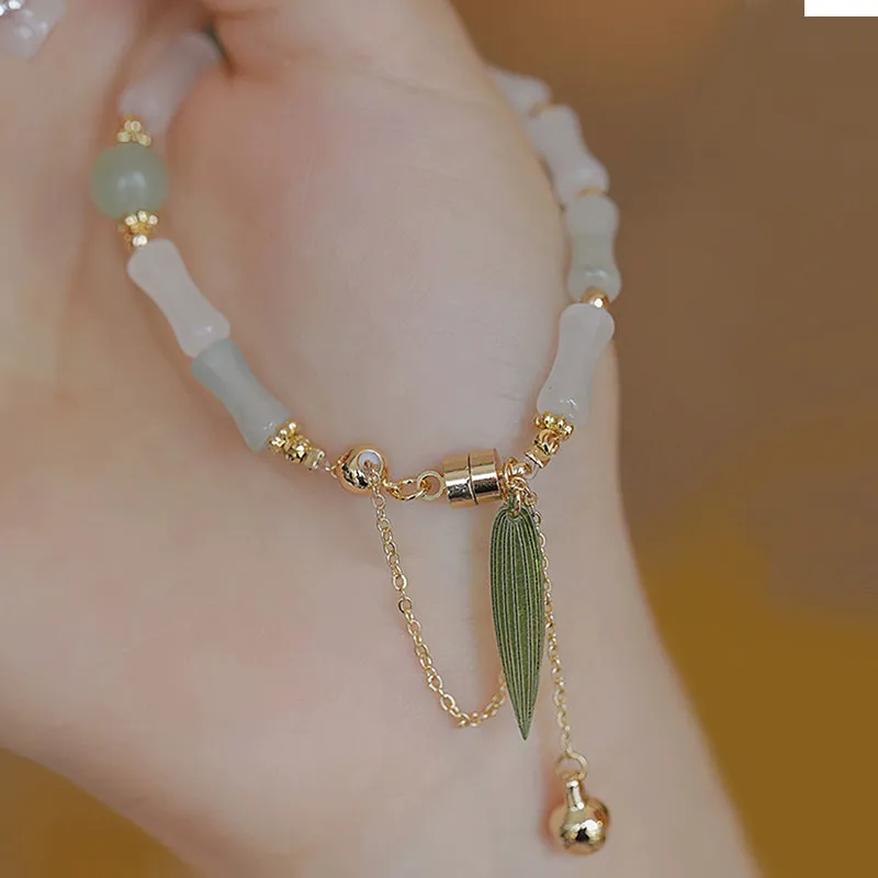 Luck Muse 14K Gold Plated Hetian White Jade Bamboo Leaf Lucky Protection Bracelet - Image 2
