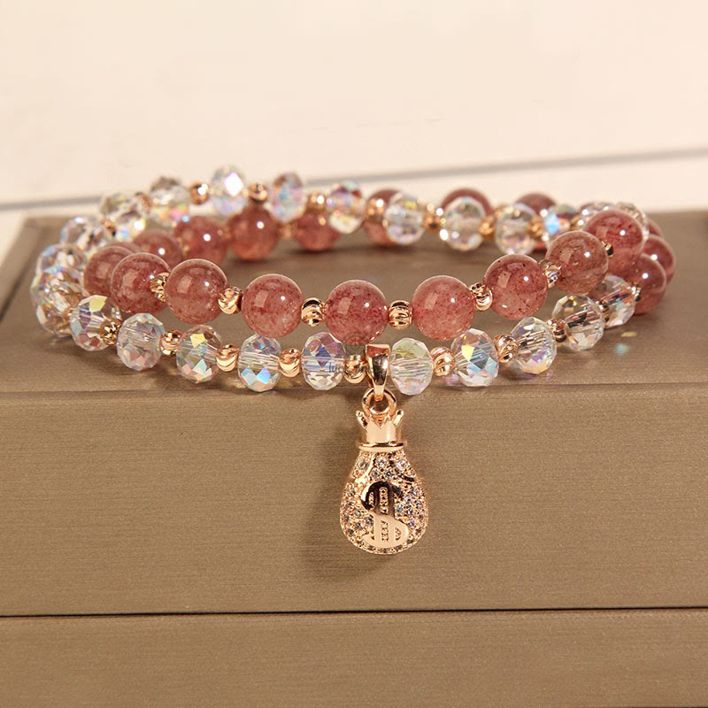 Luck Muse Strawberry Quartz & White Crystal Money Bag Charm Bracelet - Image 7