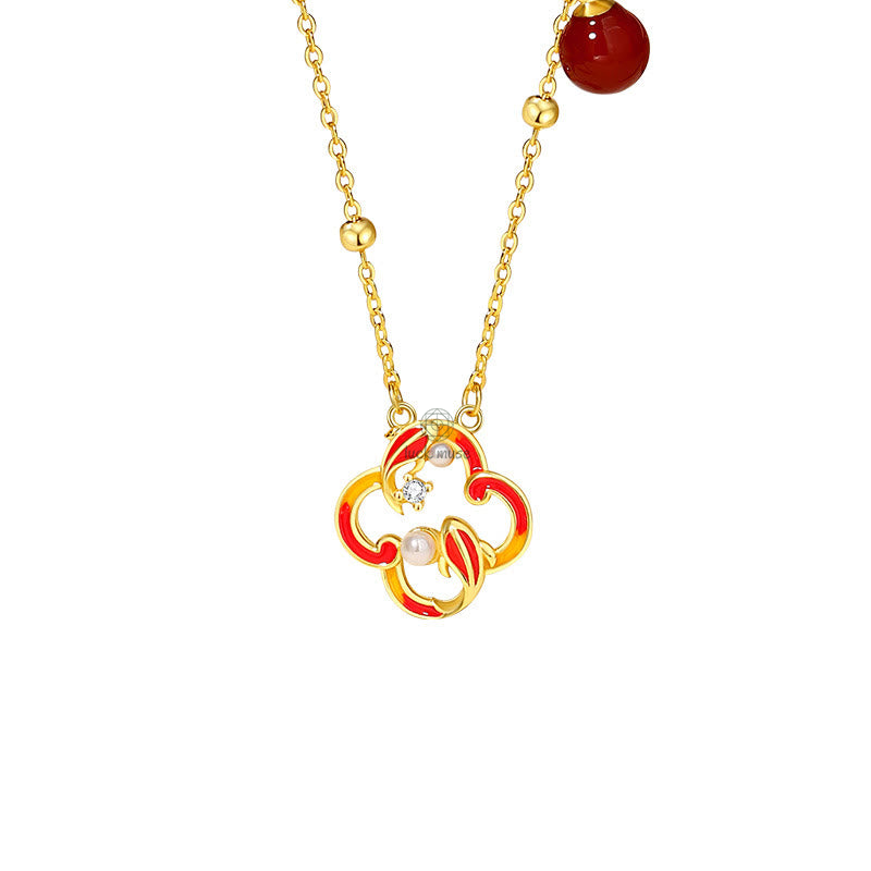 Luck Muse 925 Sterling Silver Four Leaf Clover Koi Fish Red Agate Pearl Jewelry Set - Image 8