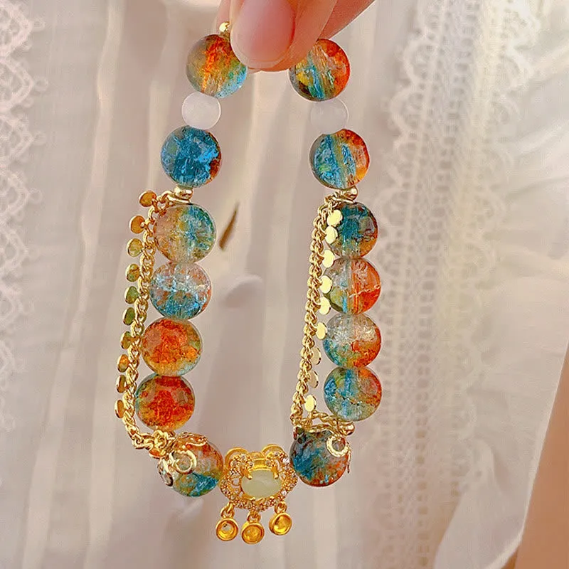 Luck Muse Colorful Liuli Glass Bead Lucky Chinese Lock Charm Bracelet - Image 2