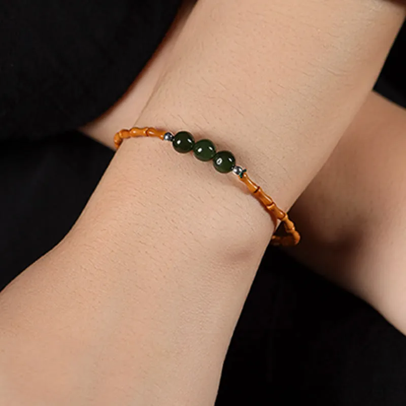 Bamboo Pattern Hetian Jade Beads Luck Bracelet with Luck Muse and Olive Pit - Natural - Image 12