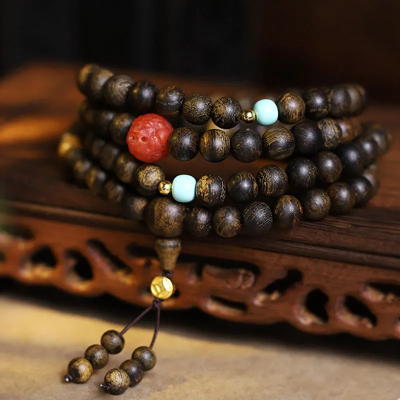 Luck Muse 108 Mala Beads Peace Meditation Bracelet with Agarwood, Red Agate, and Turquoise