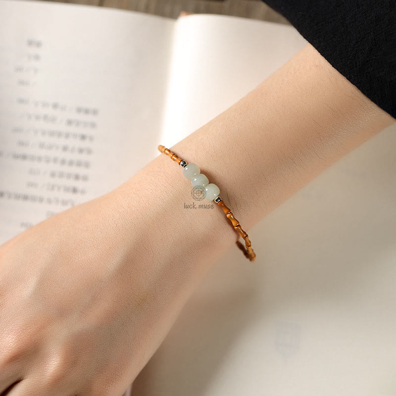 Bamboo Pattern Hetian Jade Beads Luck Bracelet with Luck Muse and Olive Pit - Natural - Image 4